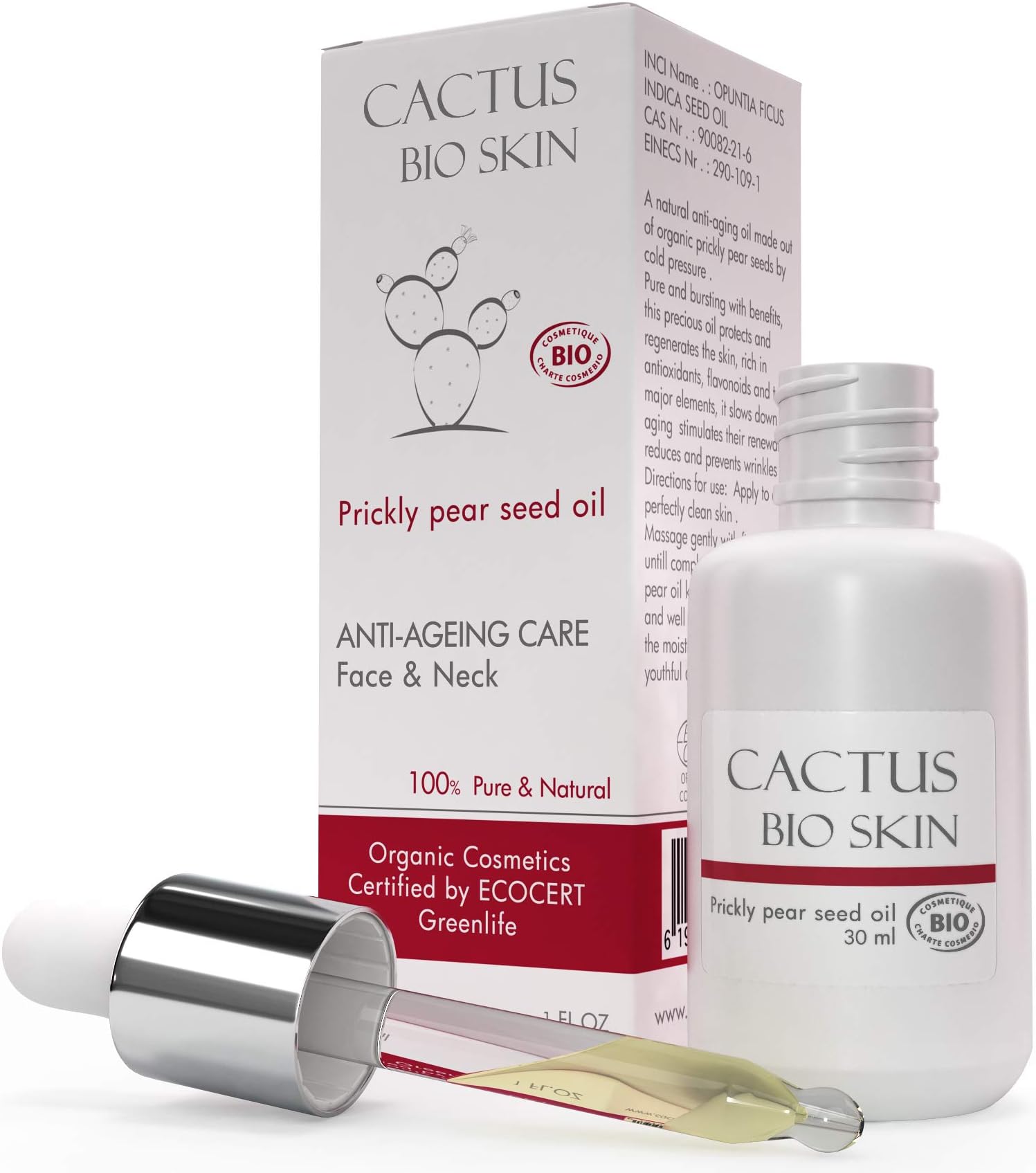 Organic Prickly Pear Seed Oil, Cold Pressed - Anti Aging and Anti Wrinkle Skin Care for Face & Neck - 100% Pure & Natural Opuntia Ficus Indica (Cactus, Barbary Fig) Seed Oil - (1oz)