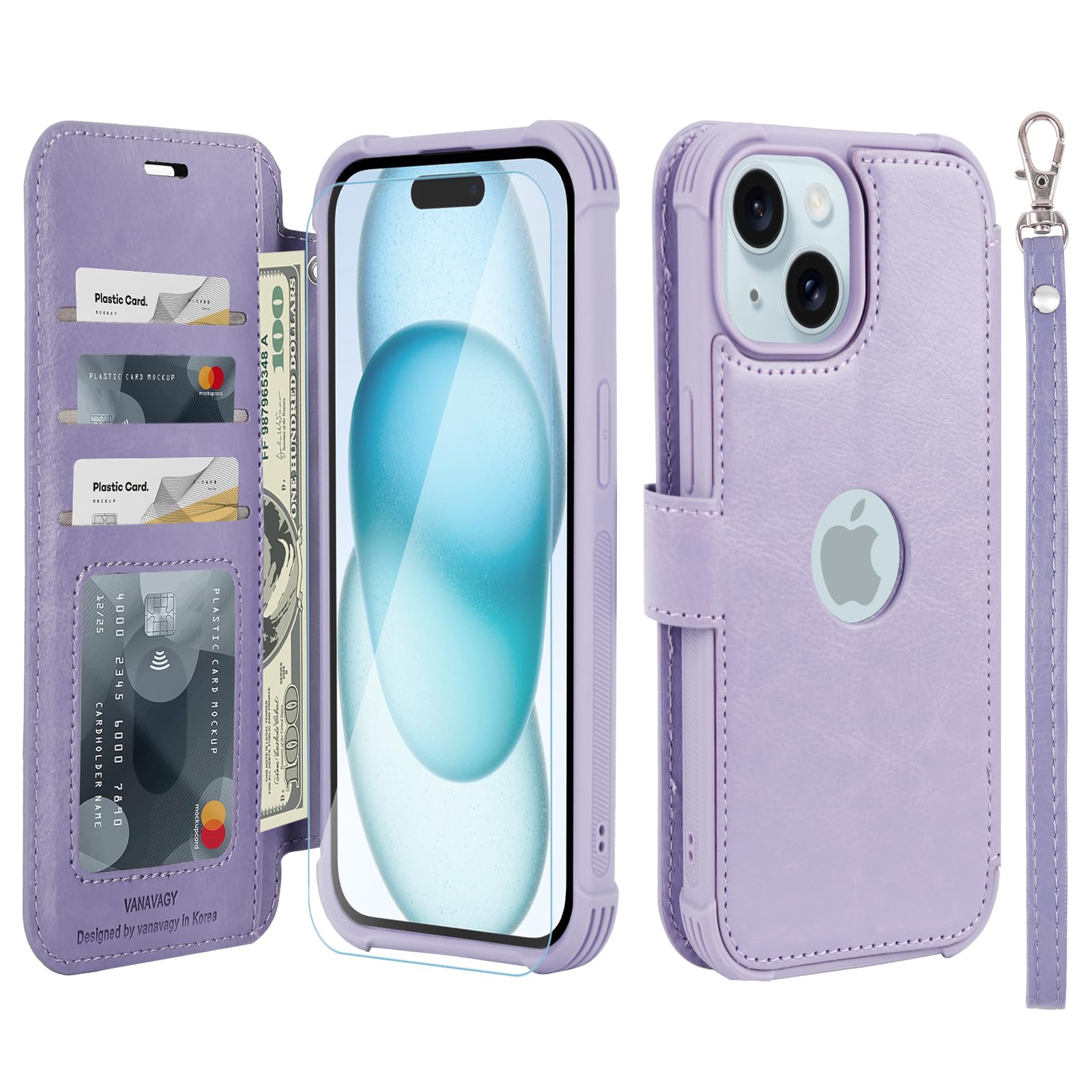 VANAVAGY Compatible for iPhone 15 Plus/14 Plus Wallet Case, 12ft Drop Protection, RFID Blocking PU Leather Flip Cover, Card Holder & Kickstand, Shockproof Phone Case,clove purple