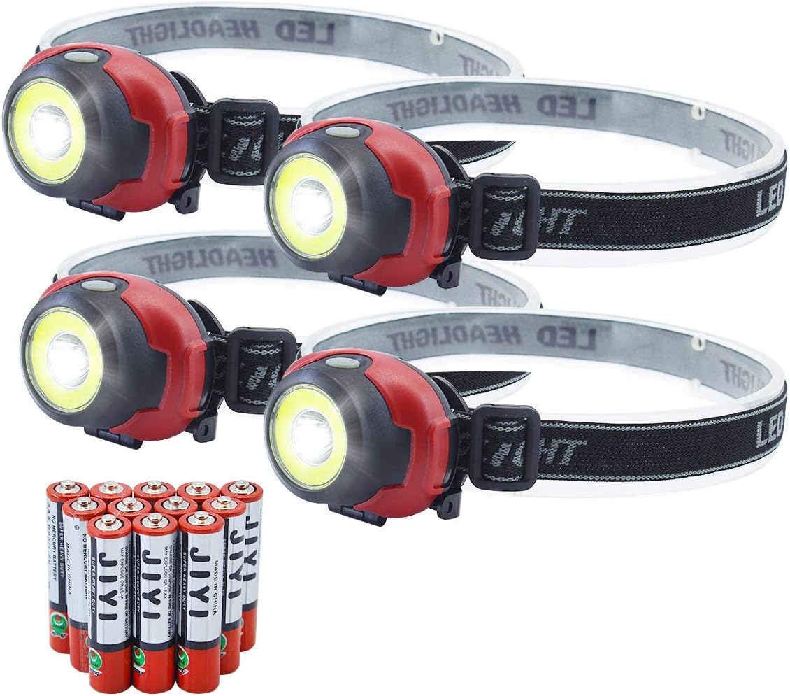 CooiLight 4 Pack Headlamp Flashlight,100 Lumens LED Cob Head Lamp White Red Light Headlamp,12 AAA Batteries Included