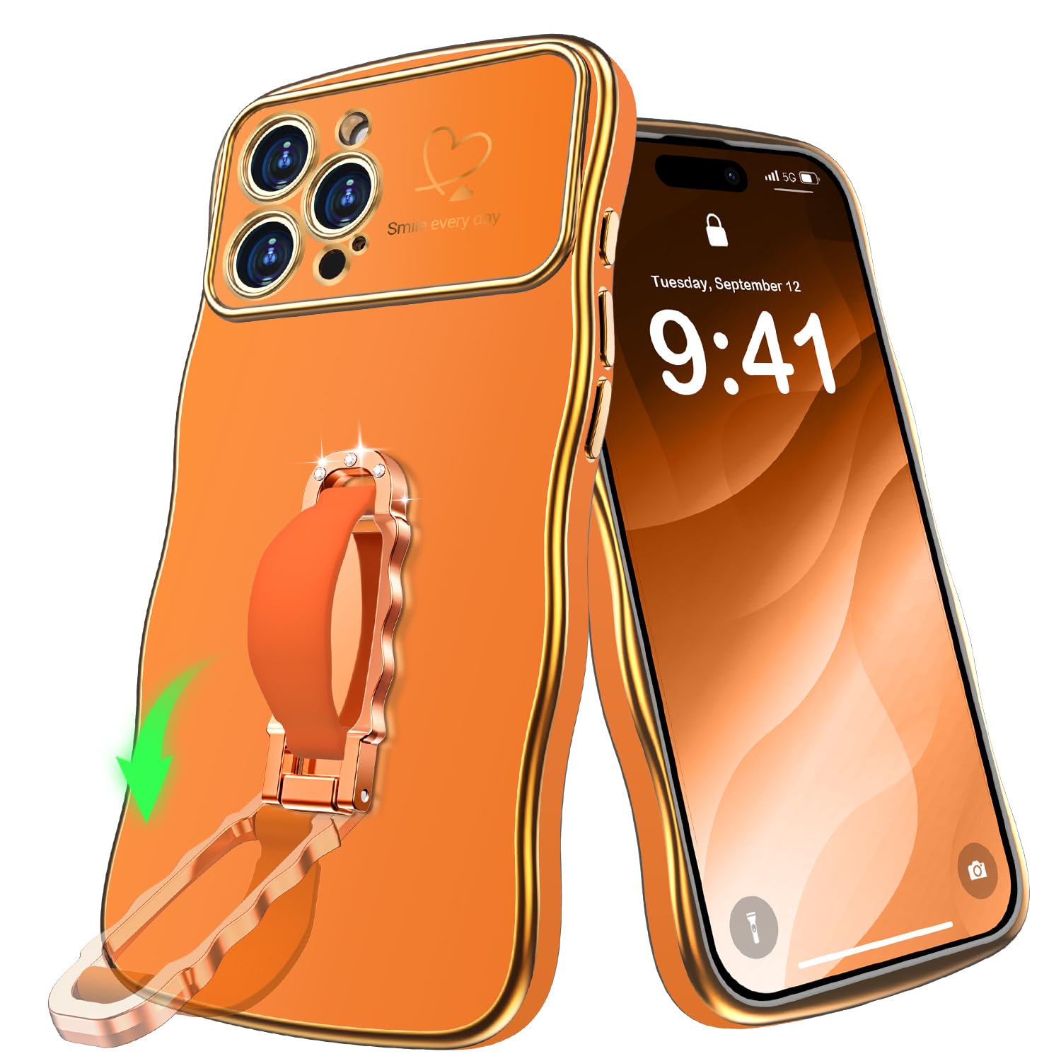 Miss Arts for iPhone 16 Pro Case with Stand, Wavy Edge Phone Case with Finger Grip Strap, Women Girls Luxury Cute Slim Protective Cover for iPhone 16 Pro, Orange