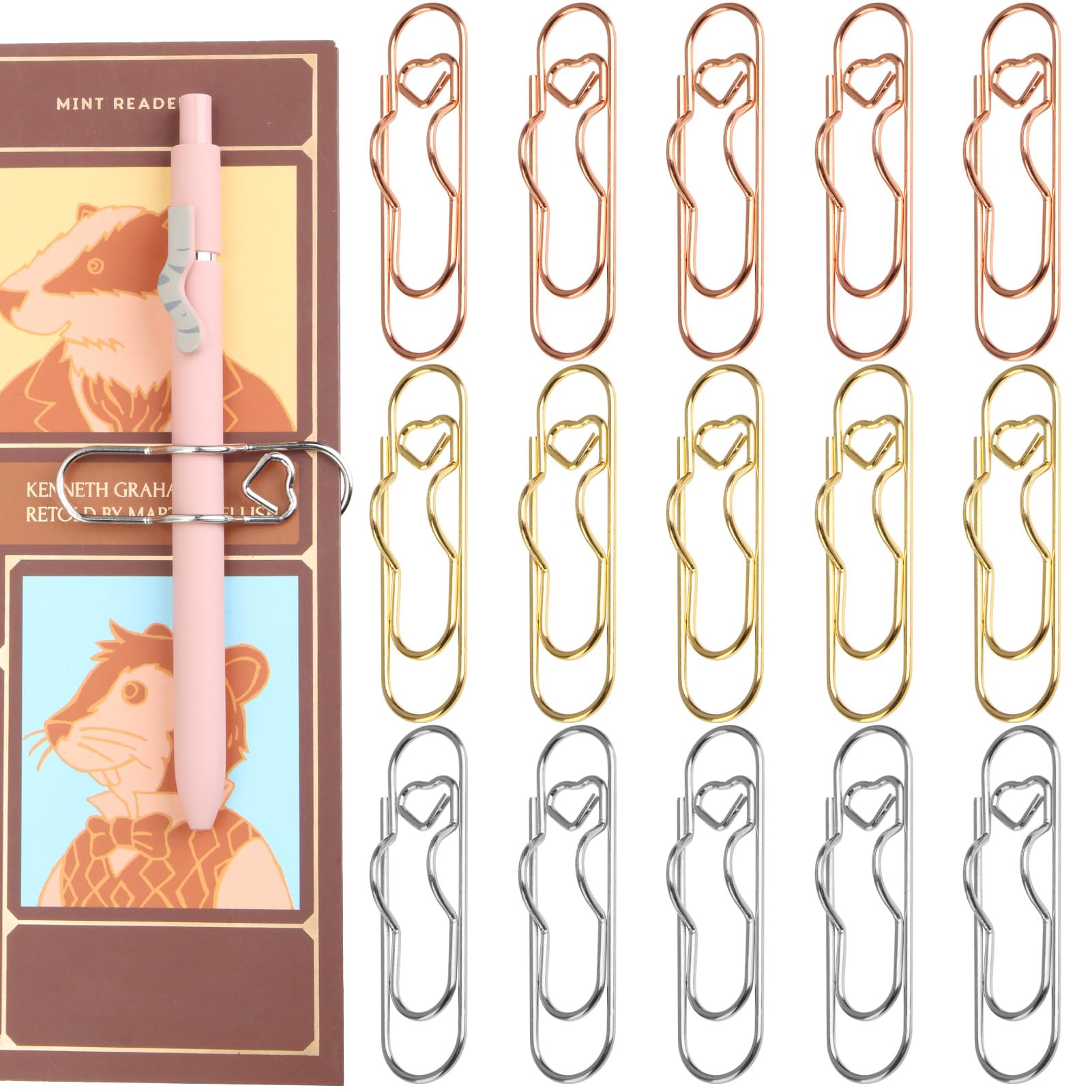 Photo 1 of 15-Pack Metal Pen Clips in Gold/Silver/Rose Gold, Paperclip Pen Holders - Heart-Shaped,Treasure for Office Workers for Notebooks, Journals,Document,Daily Writing Use