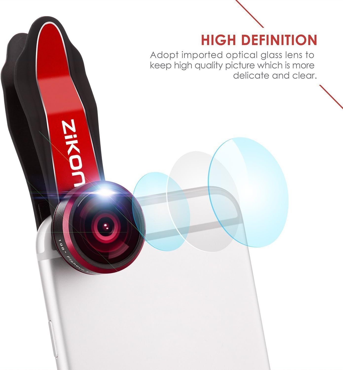 ZiKON 3 in 1 Cell Phone Camera Lens Bundle with 198 Degree Fisheye Lens, 15X Macro Lens, 0.63X Wide Angle Lens and Accessories for Smart Phones - Red