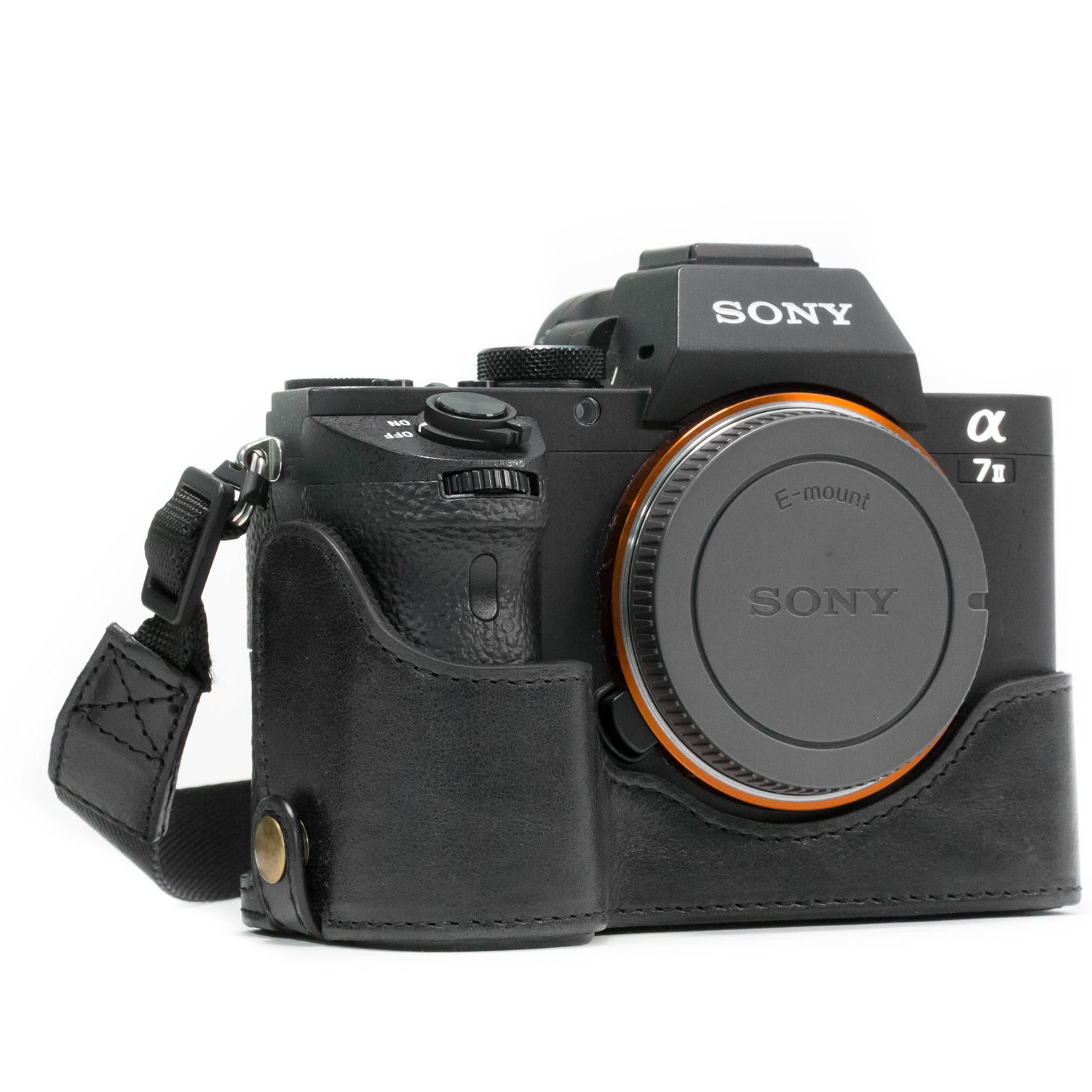 MegaGear MG1129 Ever Ready Genuine Leather Half Case and Strap with Battery Access for Sony Alpha A7S II/A7R II/A7 II Camera - Black
