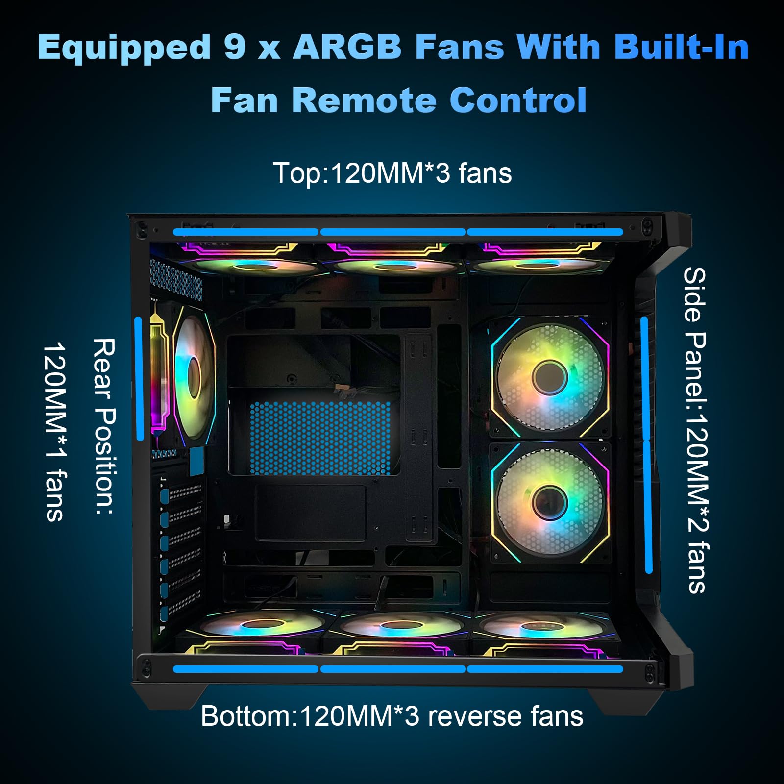 PC Gaming Case with 9pcs ARGB Fans,ATX Mid-Tower Control Remote,Gaming ATX Case 360mm Radiator Support,PC Case Tempered Glass Front/Side Panel,Mid Tower Computer Case High-Airflow Black