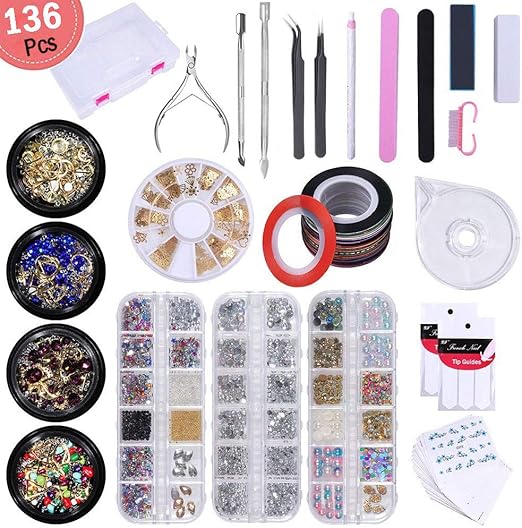 kit de arte de unas 136 piezas juego de manicura para decorar unas purpurina pegatinas de unas y pegatinas de linea de punta francesa cinta de