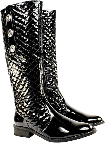 black patent quilted knee high boots