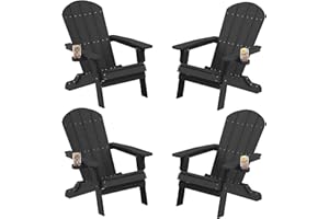 YEFU Adirondack Chair, Foldable Oversized Plastic Adirondack Chair Set of 4 with Cup Holder, Patio Chair with Weather Resistant for Outside Deck Lawn, Weight Capacity Up to 400 Lbs –Black