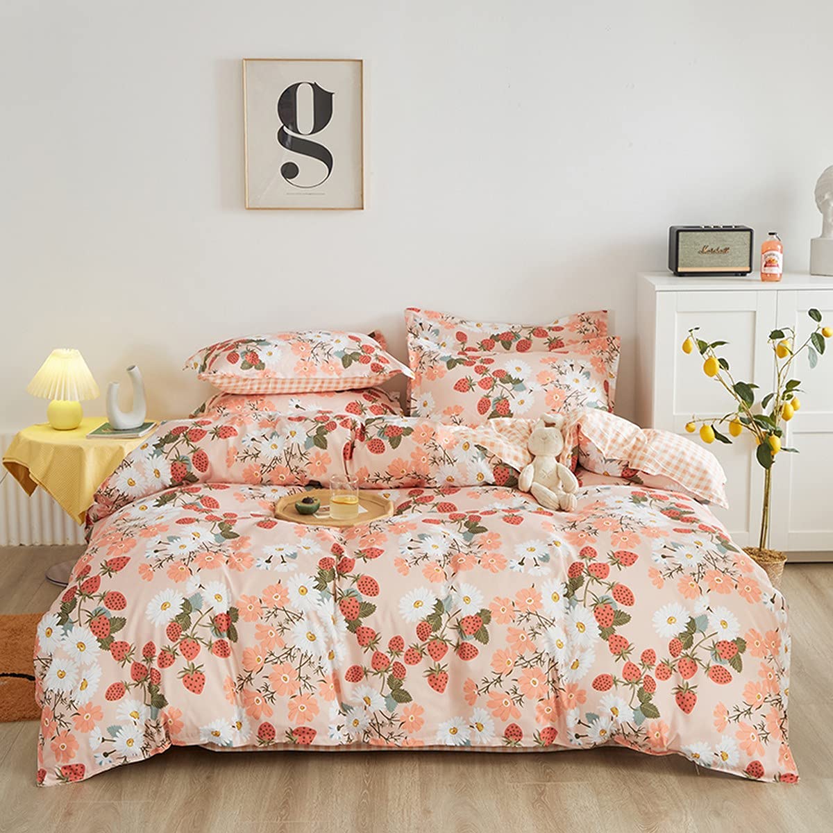 Loussiesd Strawberry Bedding Set Double Girls Duvet Cover Pink Strawberries Floral Comforter Cover Set Women Teens Breathable Cute Flowers Fruit Grid Plaid Bedding Duvet Cover Set with 2 Pillow Case