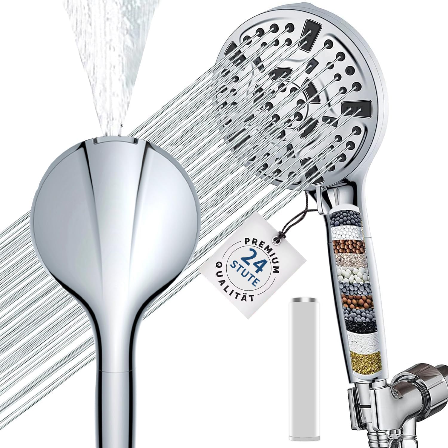 24-Stage Filtered Shower Head with 10 Modes High Pressure for Hard Water, Removes Chlorine and Harmful Substances - 60-Inch Hose