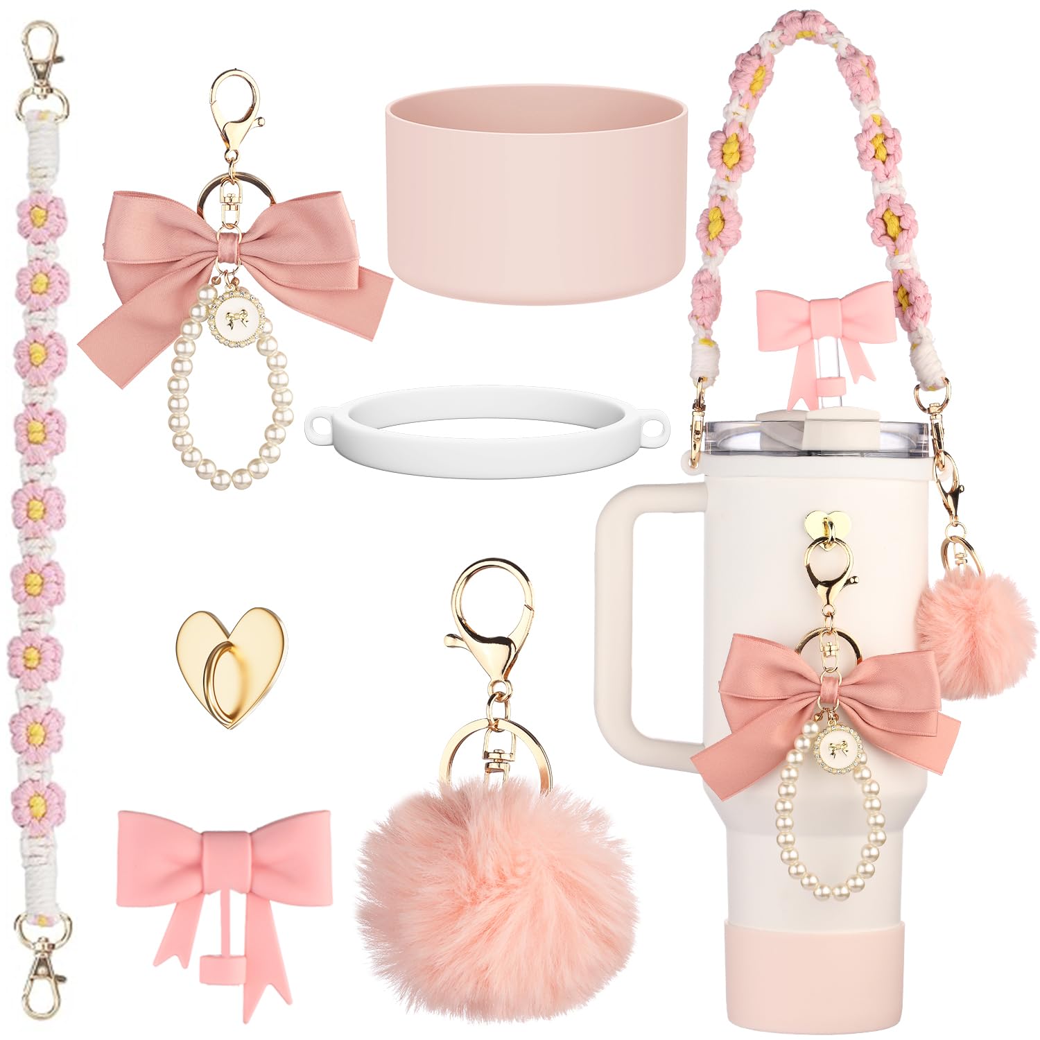 Photo 1 of Stanley Cup Accessories Set Including Siliocne Straw Cover, Siliocne Boot, Water Bottle Handle Strap for Stanley Cup 40oz 30oz Tumbler with Handle (Pink butterflies)