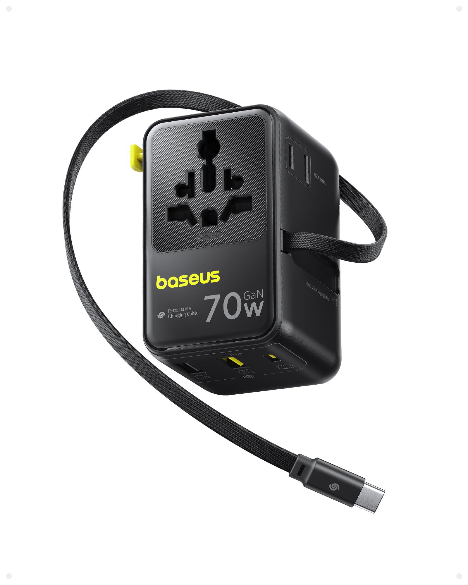 Baseus Enercore 70W Reiseadapter Weltweit mit Ausziehbarem Kabel, Universal Reisestecker mit 2AC+2USB A+USB C, Internationaler Steckdosenadapter, für USA England Japan Thailand Australien
