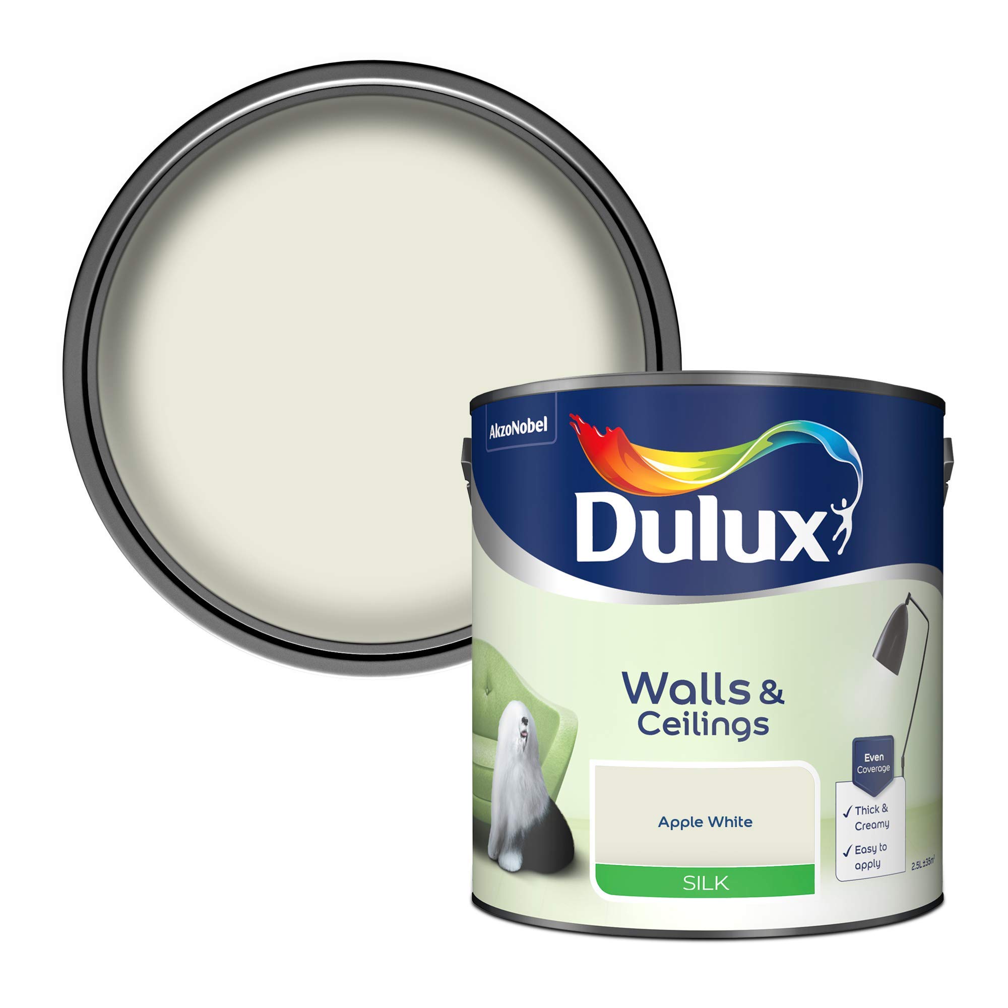 Dulux Silk Emulsion Paint For Walls And Ceilings - Apple White 2.5 Litres