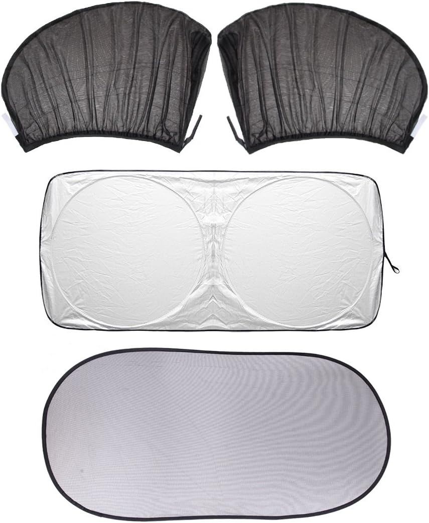 Car Window Sun Shade 4 Piece Set includes Side Window Sun Shade (2 Pieces), WindShield Sun Shade, Rear Window Sun Shade, All Easily Folded to Store in Quality Pouch AND Bonus Gift - Non-slip Dash Mat