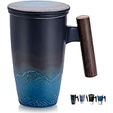 suyika Tomotime Ceramic Tea Cup with Infuser and Lid Tea Mugs Wooden Handle 400ml/13.5oz Black cyan