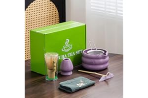 DWEHIXBUY 7Pcs Japanese Matcha Tea Set, Matcha Kit with Matcha Bowl (with Pouring Spout), Matcha Whisk, Whisk Holder, Strainer - Elegant Matcha Set for Gifting and Personal Use, Gift Box Packaging (Purple;)