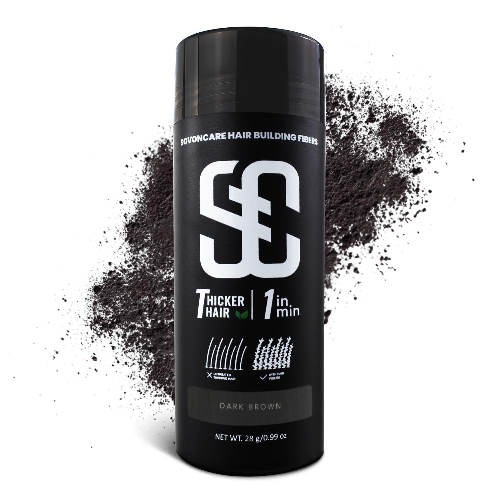 SOVONCAREHair Fibers for Men, Hair Fibres Dark Brown Hair Powder for Thinning Hair Thickener, Best Hair Thickening Products Hair Loss Concealer For Men & Women 28g (Dark Brown)