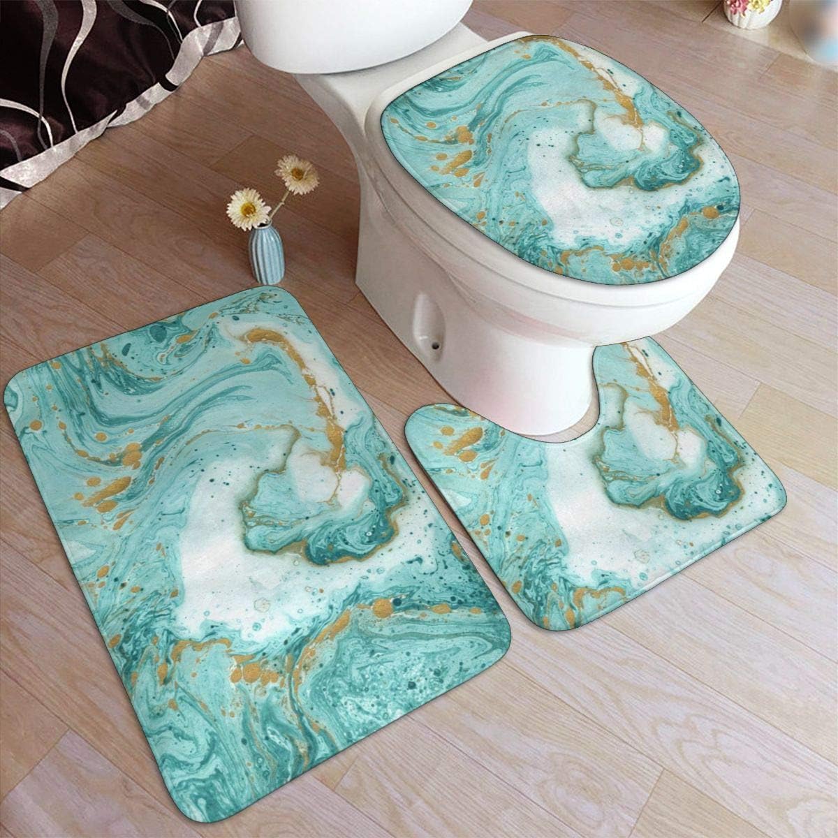 Turquoise Marble 3 Piece Bathroom Rug Set, Bath Mat, Contour Rug, Toilet Lid Cover U Shape Soft Microfiber Non-Slip Washable Floor Rug for Tub Shower Spa