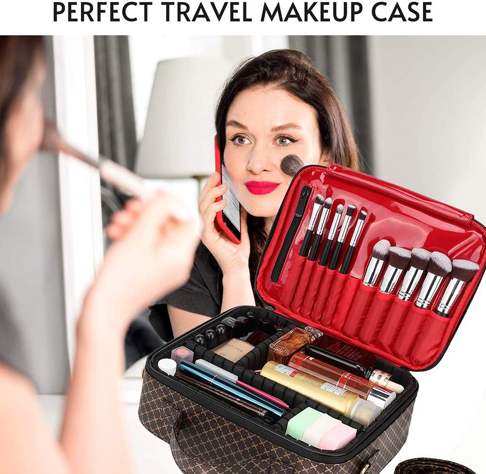 Makeup Bag Organizer Travel Case Cosmetic Large Make Up Bags Train Toiletry PU Leather Portable Waterproof With Adjustable Dividers for Women Girls (Brown)