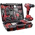 jar-owl 21V Max Cordless Drill/Driver Kit, Brushless, Tool Set with Drill and 112pcs Household Hand Tool Kit for Daily Home Repair, Red