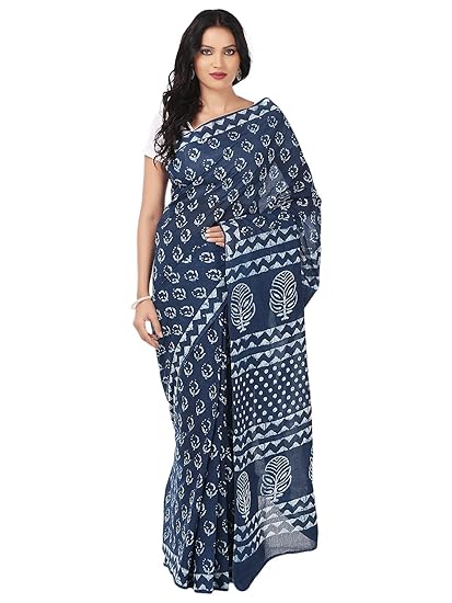 Finest Quality Cotton - Handmade Indigo Dabu print - Block Print Saree with Blouse Piece