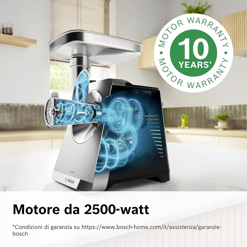 , Tritacarne MultiPower Serie 8, motore da 2500 watt, tritacarne, grattugia, accessorio per salsicce e kebbe, colore nero, MFWS840M