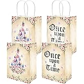 Lofaris Gift Wrap Bags 16 Pcs - Once Upon a Time Fairy Tale Design, Pink Castle & Floral Party Favor Bags with Handles, Goodie Bags for Birthday, Baby Shower, Wedding