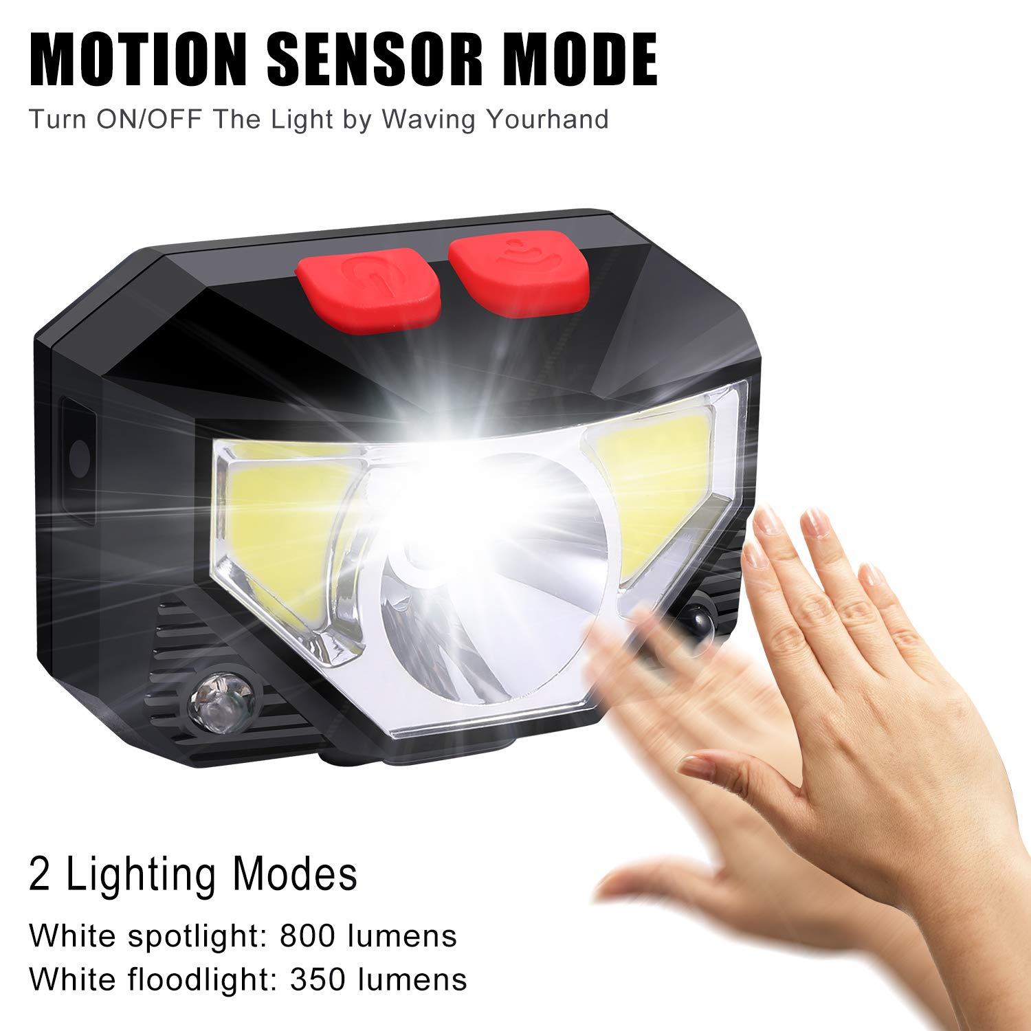 Rechargeable Headlamp - 800 Lumens Extra Bright Motion Sensor LED Headlamp Flashlight, Waterproof Head Lamp with 8 Lighting Modes&White Red Light - Running Camping Headlamp for Adults and Kids(2 Pack)