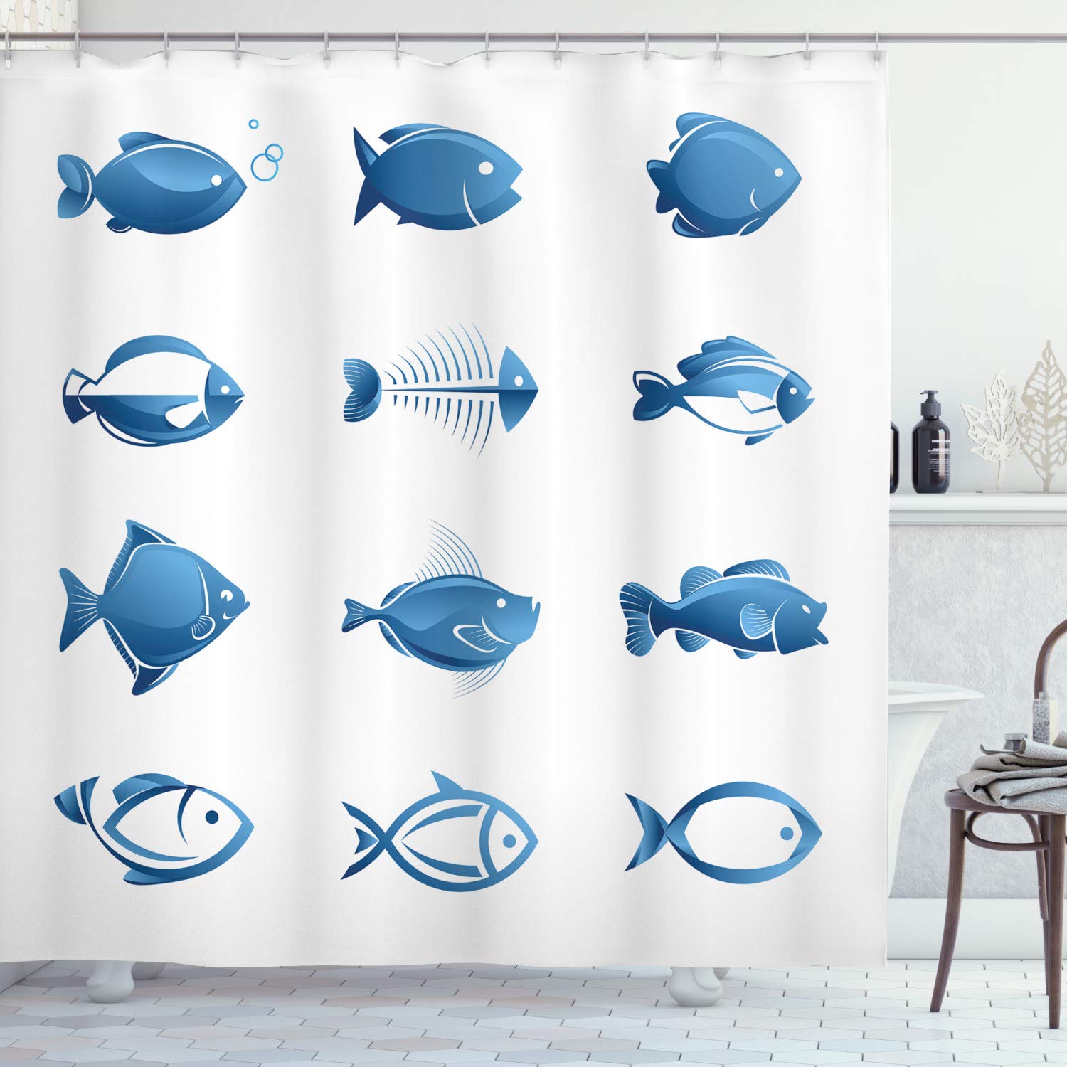 ABAKUHAUS Fish Shower Curtain, Array of Fish Silhouettes Marine Life Sea Ocean Related Images Pattern Fish Bones, Cloth Fabric Bathroom Decor Set with Hooks, 70 Inches, Blue White