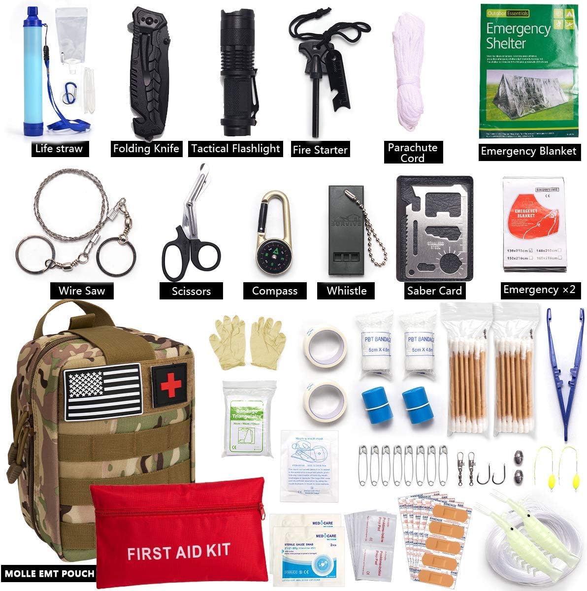 Survival First Aid Kit Molle System Compatible Outdoor Gear Emergency Kits Trauma Bag for Camping Boat Hunting Hiking Home Car Earthquake and Adventures: Health & Personal Care