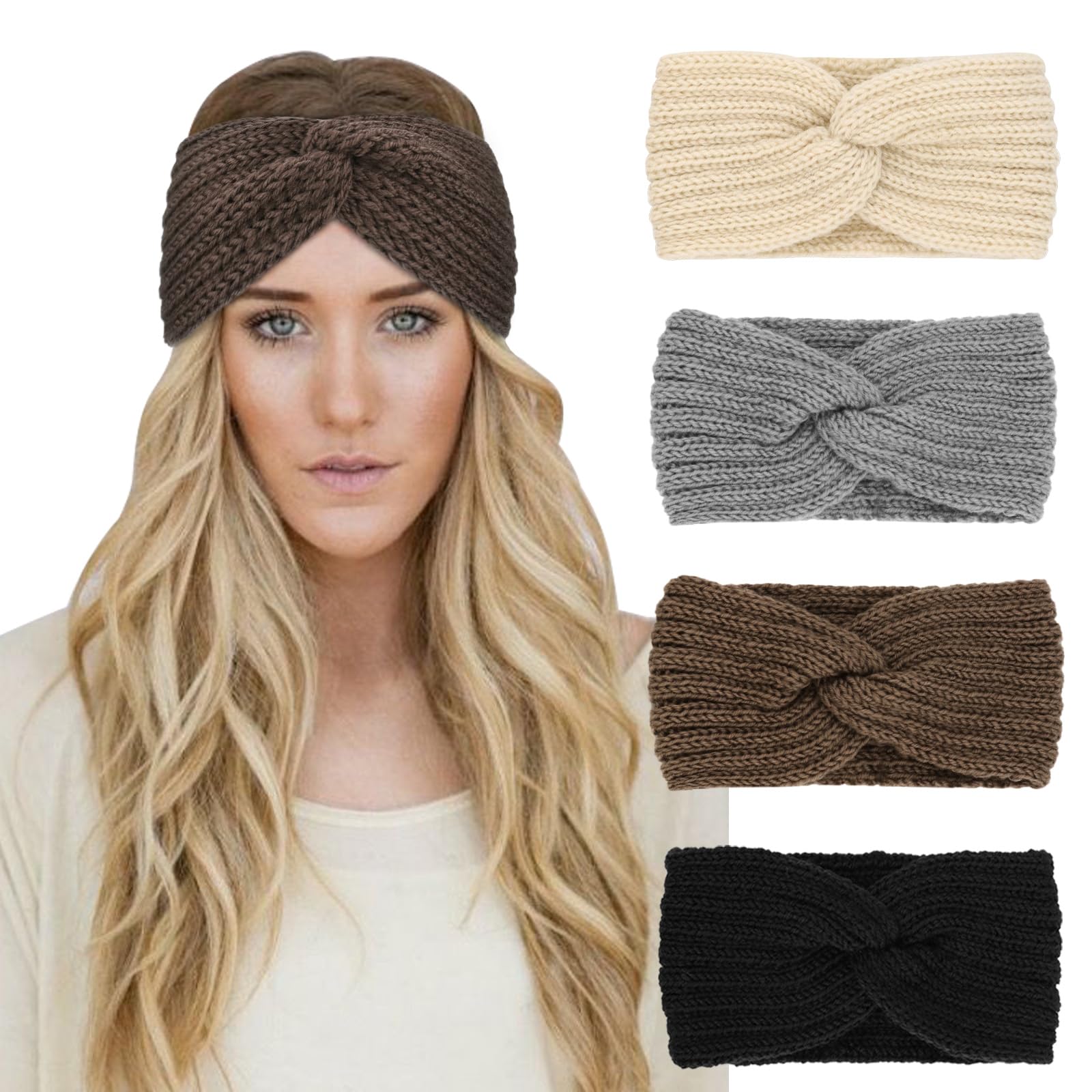 DRESHOW 4 Pack Womens Winter Ear Warmer Headband - Crochet Knit Turban Headband Chunky Cable Knit Headwrap