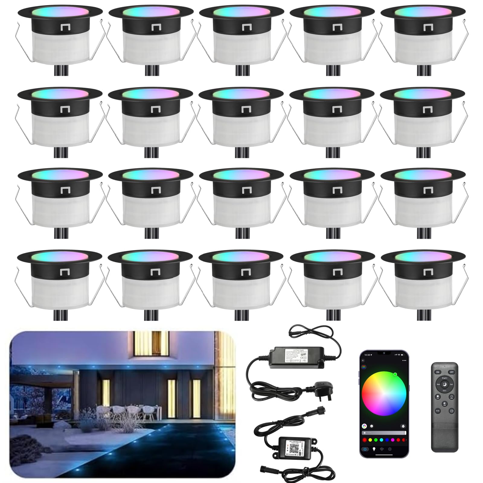 INDARUN RGBW WiFi Led Decking Lights Waterproof IP67 Ø31MM 12V - Led Plinth Light Kits for Terrace/Patio/Path/Wall/Garden/Decoration, 20 Packs