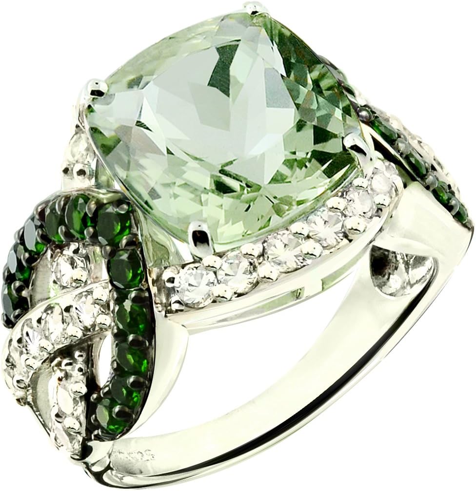 Sterling Silver 925 Statement Ring Genuine Gemstone Cushion 12 mm, Rhodium-Plated Finish