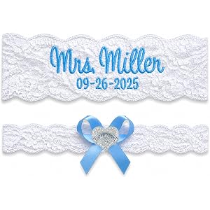 Contessa Personalized Wedding Garter for Bride - Custom Name Date Embroidered Lace Bridal Garter, Non Slip Silicone Grip, Sin