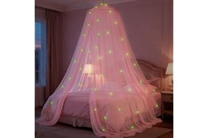 SYHITOU Pink Princess Bed Canopy for Girls with Glowing Stars, Canopy Bed Curtains for Twin, Full, and Queen Sizes; Ceiling Tent for Reading Nooks, Mosquito Net for Indoor Room Decor and Outdoor Use