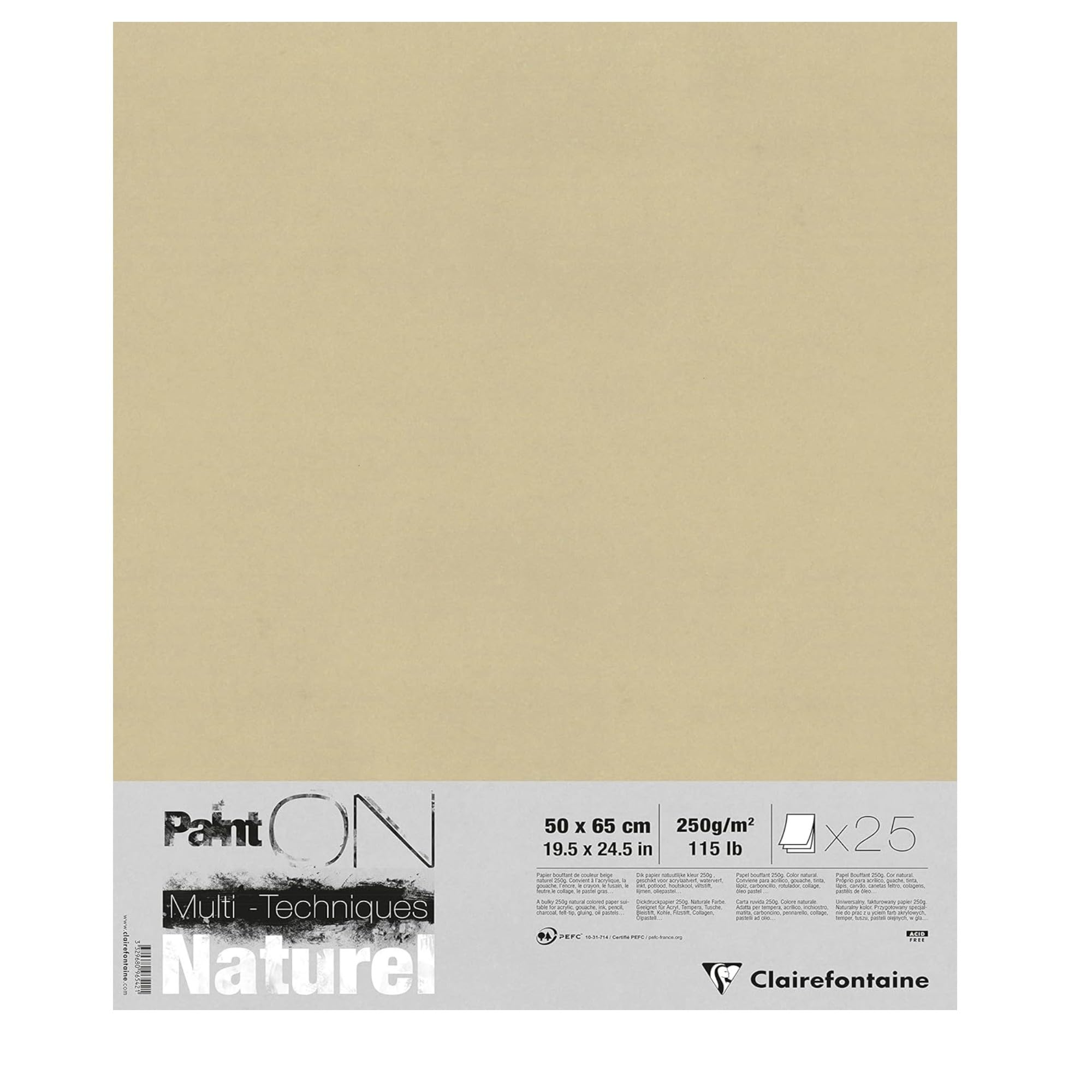 Clairefontaine - Ref 96542C - Paint'ON Multi-Technique Naturel Paper (25 Sheets) - 50 x 65cm, 250gsm Heavyweight Paper, Natural Sand Colour, Acid Free, pH Neutral