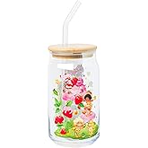 Silver Buffalo Care Bears and Strawberry Shortcake Featuring Orange Blossom, Lemon Meringue, Cheer, Friend, and Funshine Bear Glass Jar Tumbler with Bamboo Lid and Glass Straw, 16 Ounces