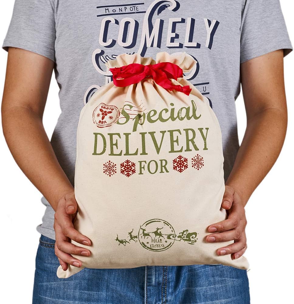 2 Pack Santa Sacks Personalised Canvas Bags Small Medium with Red Drawstring for Xmas Stockings Stuffers Presents Holder & Party Decorations For kids (18.9’’ X 14.4’’) - Image 4