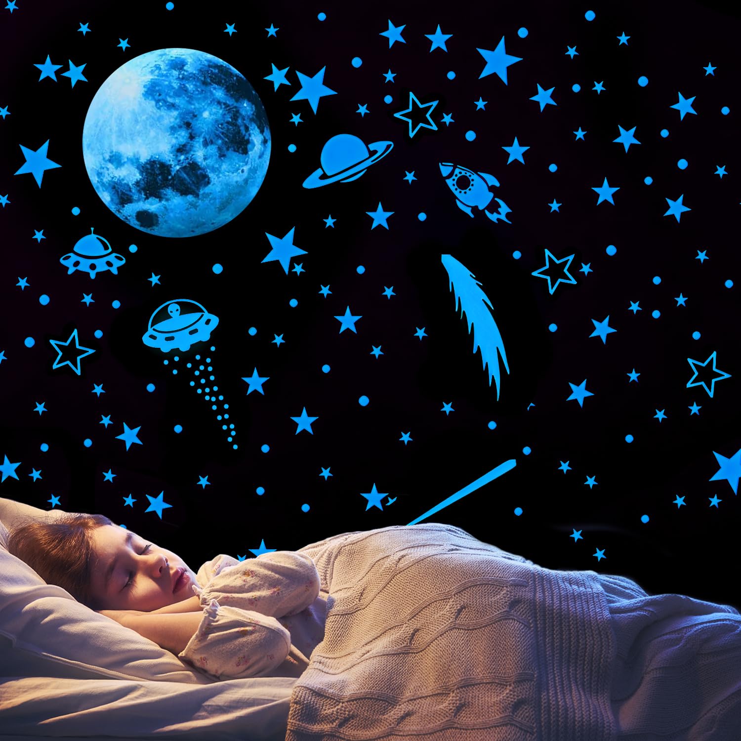 Glow in The Dark Stars, Rocket and Planets Wall Stickers - Glow Stars Decals for Wall and Ceiling Decoration, Nursery, Bedroom, Living Room Décor (Blue)