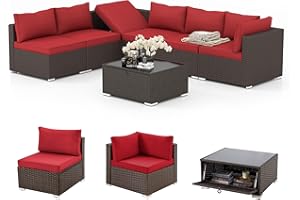 HOMREST 7 Piece Patio Furniture Set with Adjustable Bracket All-Weather Wicker Conversation Set with Coffee Table for Porch Garden Backyard (Wine Red)