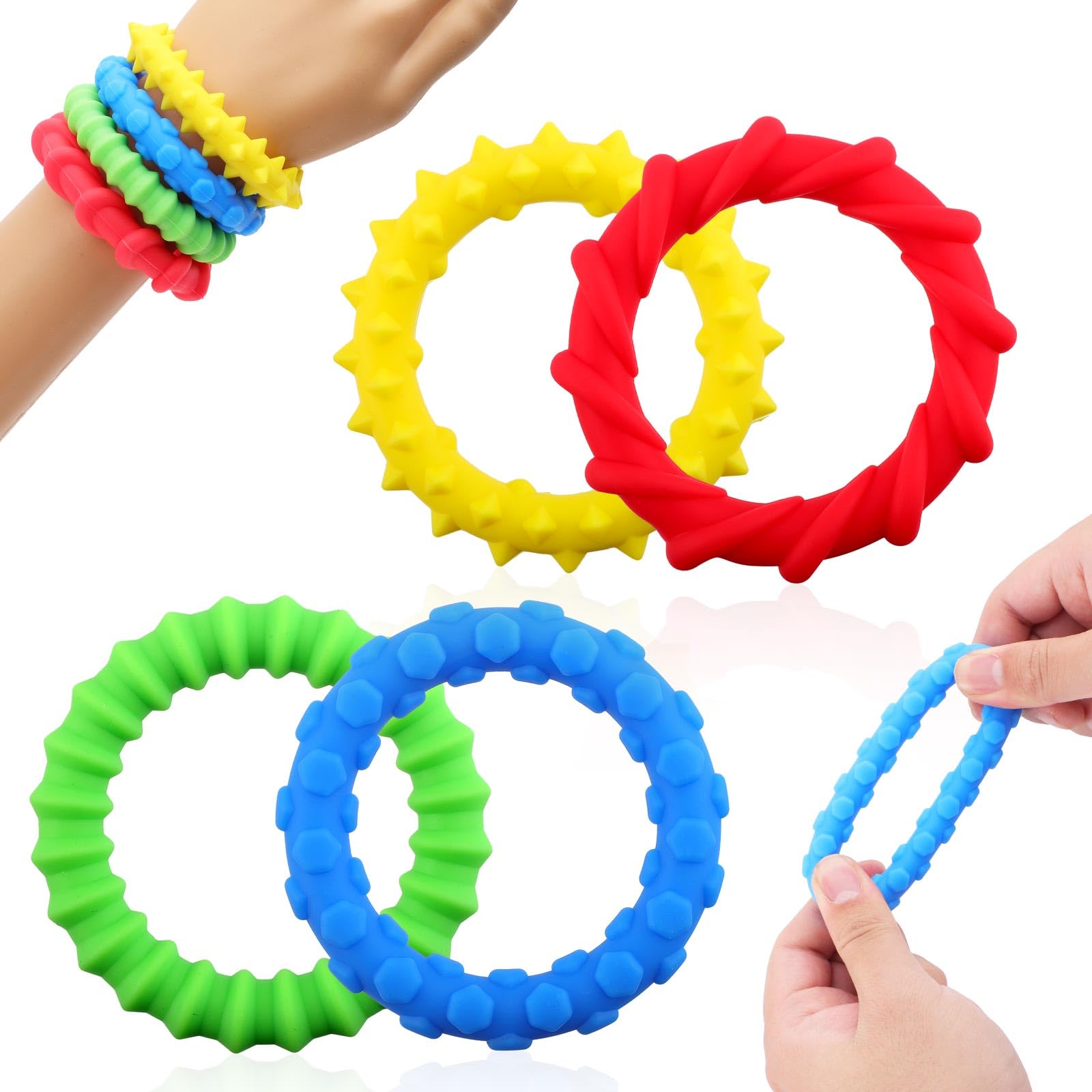 4pcs Sensory Fidget Toys, Sensory Texture Bracelet for Kids Calming & Quiet Stretchy Tactile Toy Silicone Calm Down Chew Bracelet Stocking Stuffers for Special Needs Kid Toddler Adults Gift
