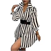 SweatyRocks Women's Striped Button Down Shirt Dresses Lantern Sleeve Belted Waist Blouse Tops