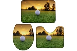 Queenker 3 Pieces Bath Rug Set Toilet Seat Cover Golf Ball on The Lawn in The Sunset Print Contour Rug, Pedestal Mat and Toilet Lid Cover，Non-Slip Bathroom Floor Mat 20''x31''+16''x18''+16''x20''
