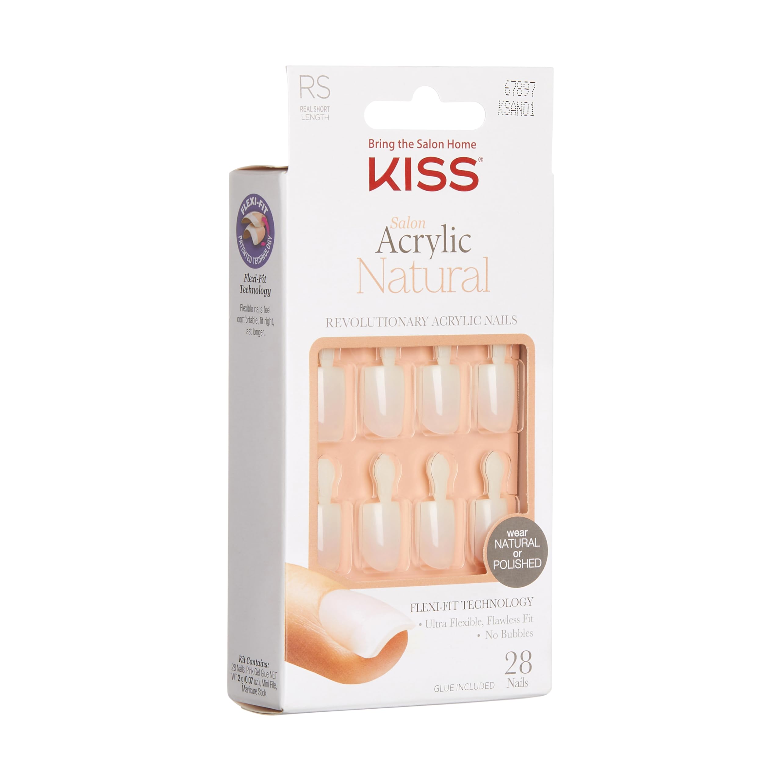 KISS Salon Acrylic Natural Press On Nails, Nail glue included, 'Rare', Nude, Short Size, Squoval Shape, Includes 28 Nails, 2g Glue, 1 Manicure Stick, 1 Mini File - Image 2