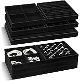 Cinnvoice Set of 10 Stackable Jewelry Organizer Trays for Drawer 14 Inch Velvet Jewelry Drawer Insert Display Storage with Removable Divider for Necklace Earring Ring Watch Bracelet (Black)