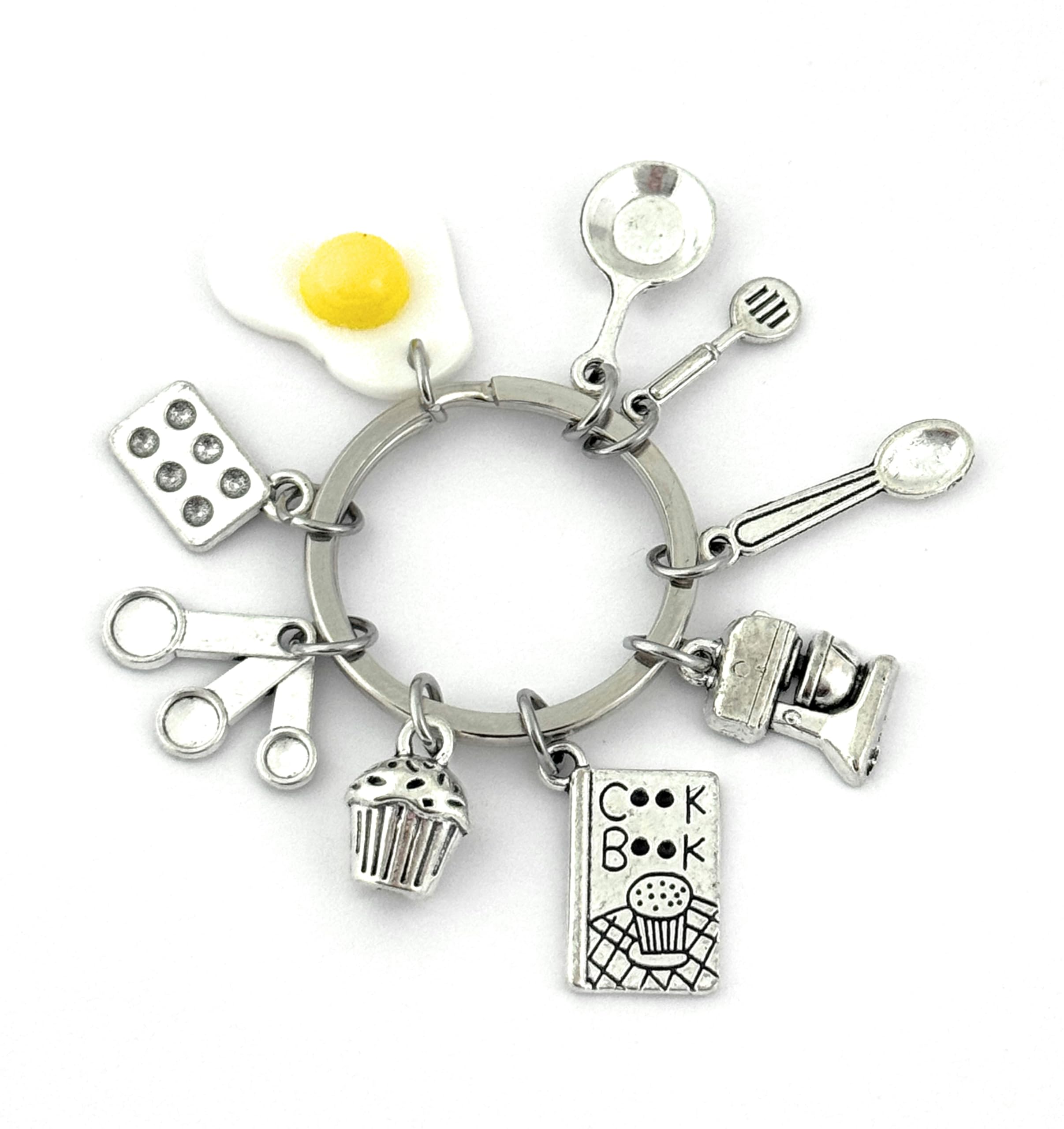FizzyButton Gifts Chef Keyring Key Ring with Fried Egg, Muffin, Cook Book, Food Mixer, Frying Pan and Three Spoon Charms