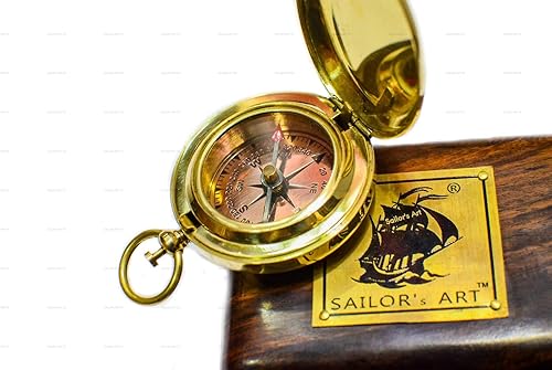 Sailor's Art Vintage Style Brass Pocket Compass with Wooden Box