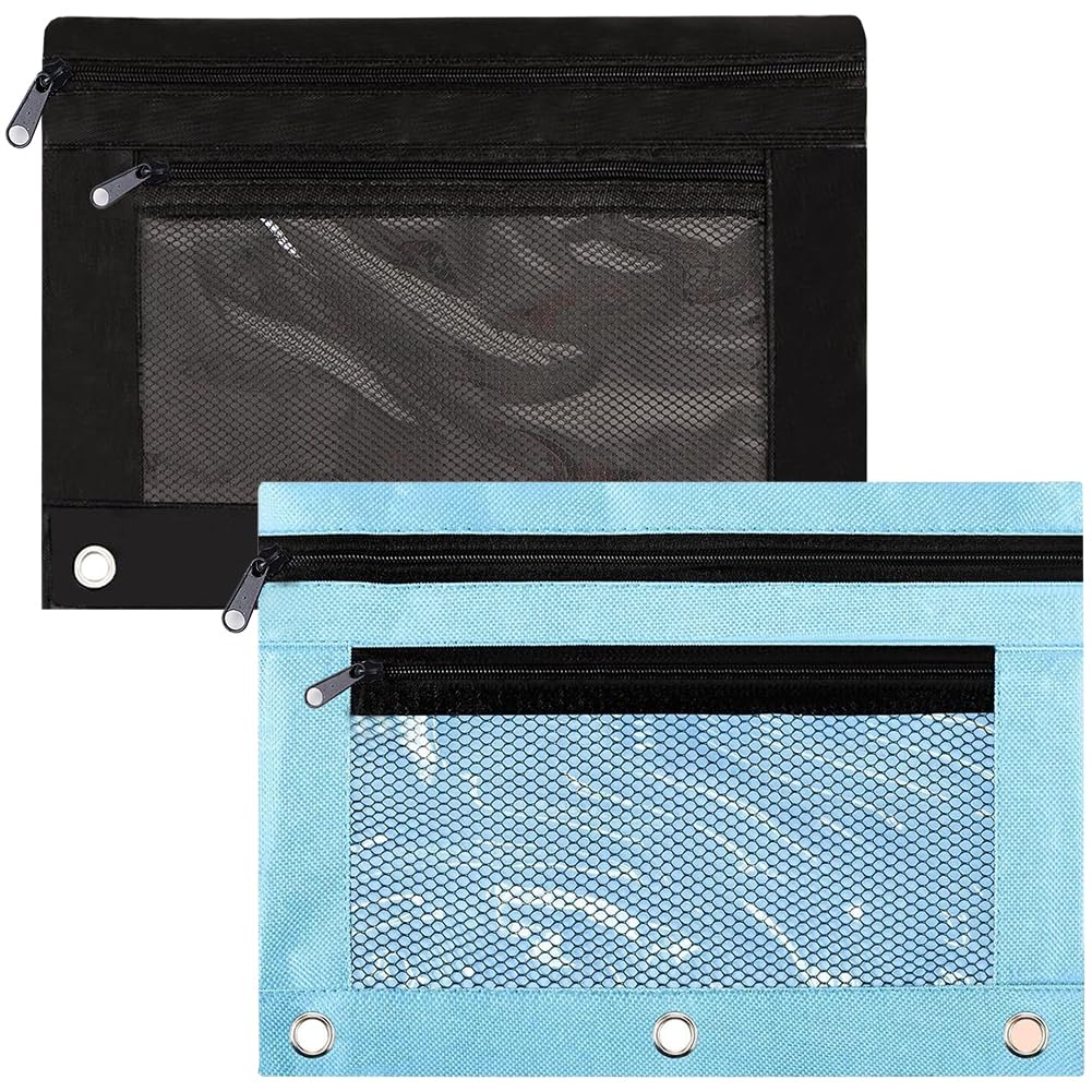 CRASPIRE 4Pcs 2 Colors Zippered Pencil Pouches for 3 Ring Binder Pen Case Cloth Zipper Pencil Pouch Case for Binder Zipper Pencil Bag for School Office Supplies Writing Utensils Black Blue