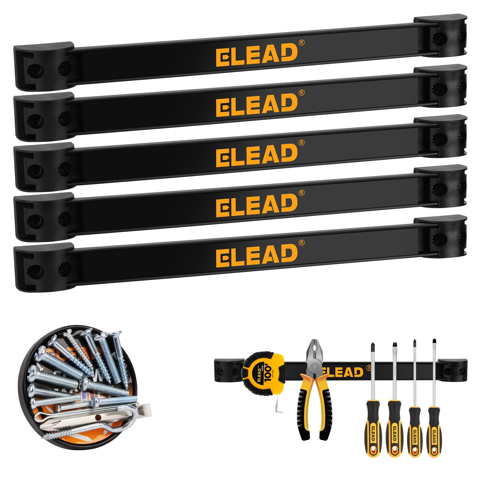 Photo 1 of ELEAD Magnetic Storage Organizer Tool Holder - 6-Piece Wall Mount Rack Garage Organization Power Magnet Hanger Workbench Board Slatwall Van Organizers Mounted Hanging Strip
