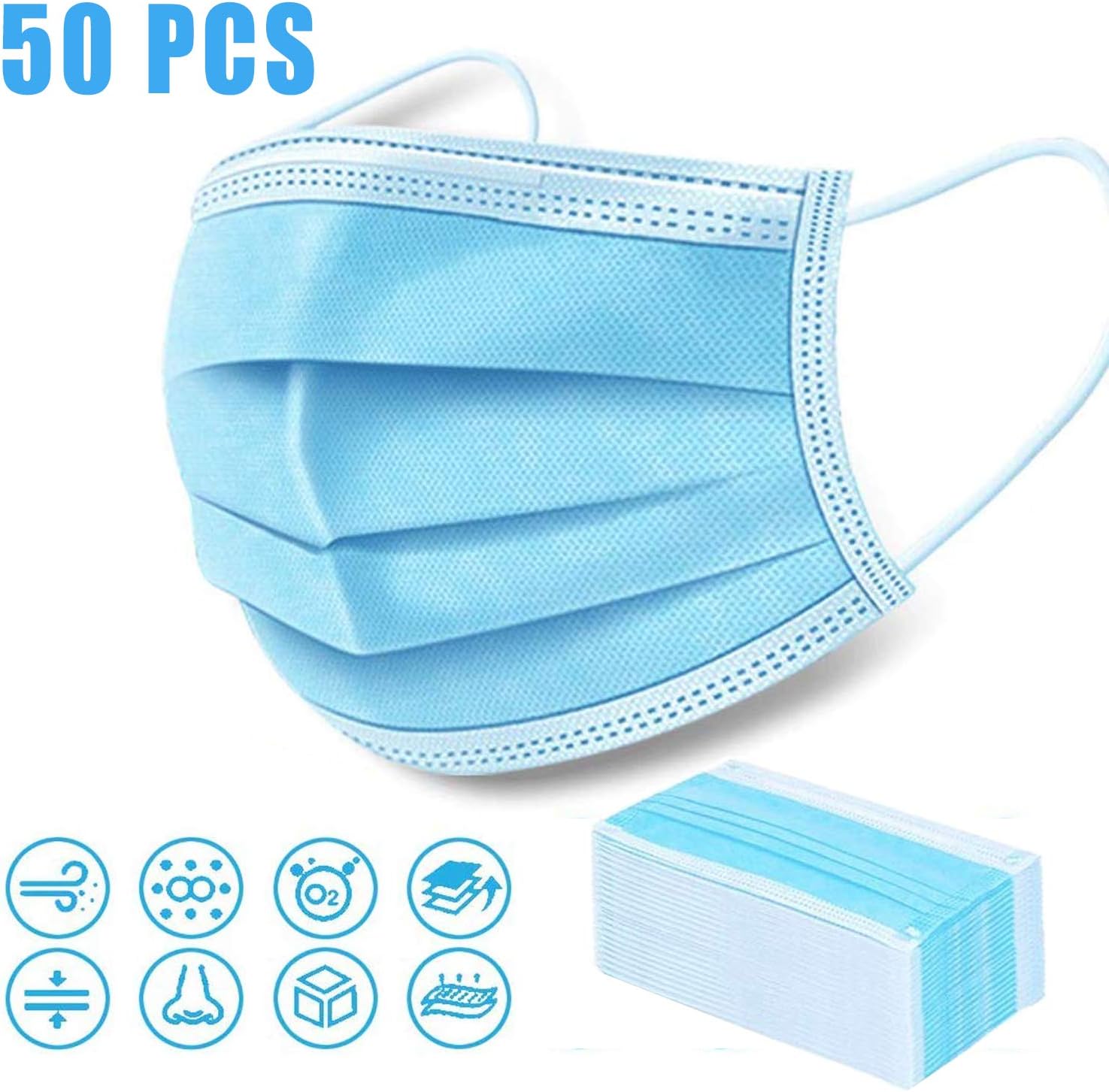 50 Pack - Disposable Face Masks - Surgical and Dust Usage - Comfortable and Thick - Layered Blue