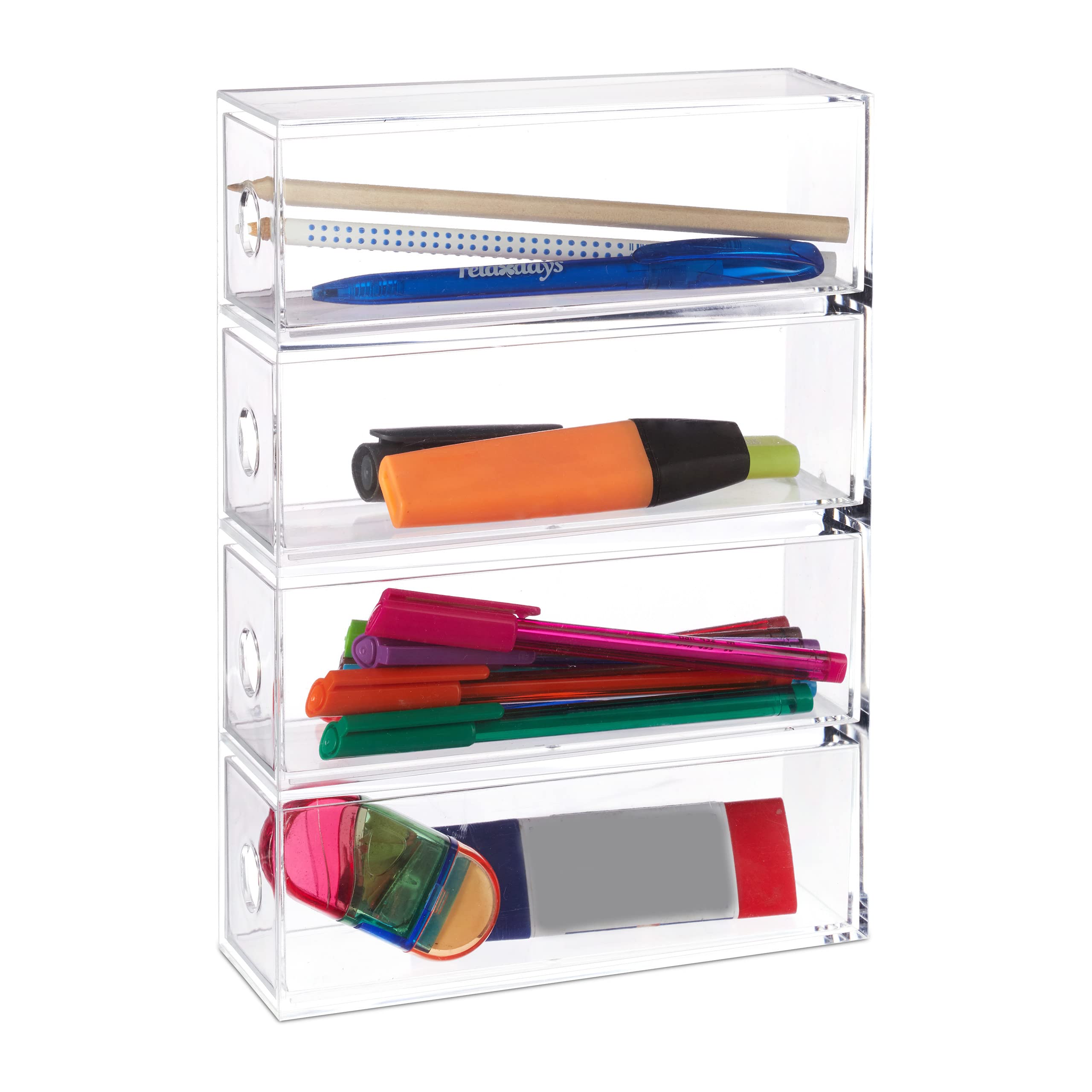 Relaxdays Acrylic Make Up & Cosmetic Organiser with 4 Drawers, Upright / Horizontal, Storage Box, HWD: 25x17.5x6.5 cm, Transparent